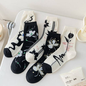 Black and White Floral Patterned Socks