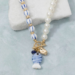 Blue Stripe Pearl Toggle Fish Pendant Necklace