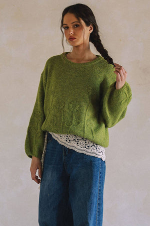Olive Embroidered Floral Sweater