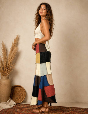 Bohemian Patchwork Colorblock Knit Maxi Skirt