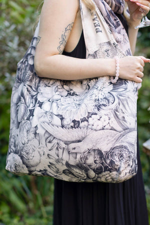 Peace Wine & Sunshine Floral Boho Linen Tote Bag, Blush