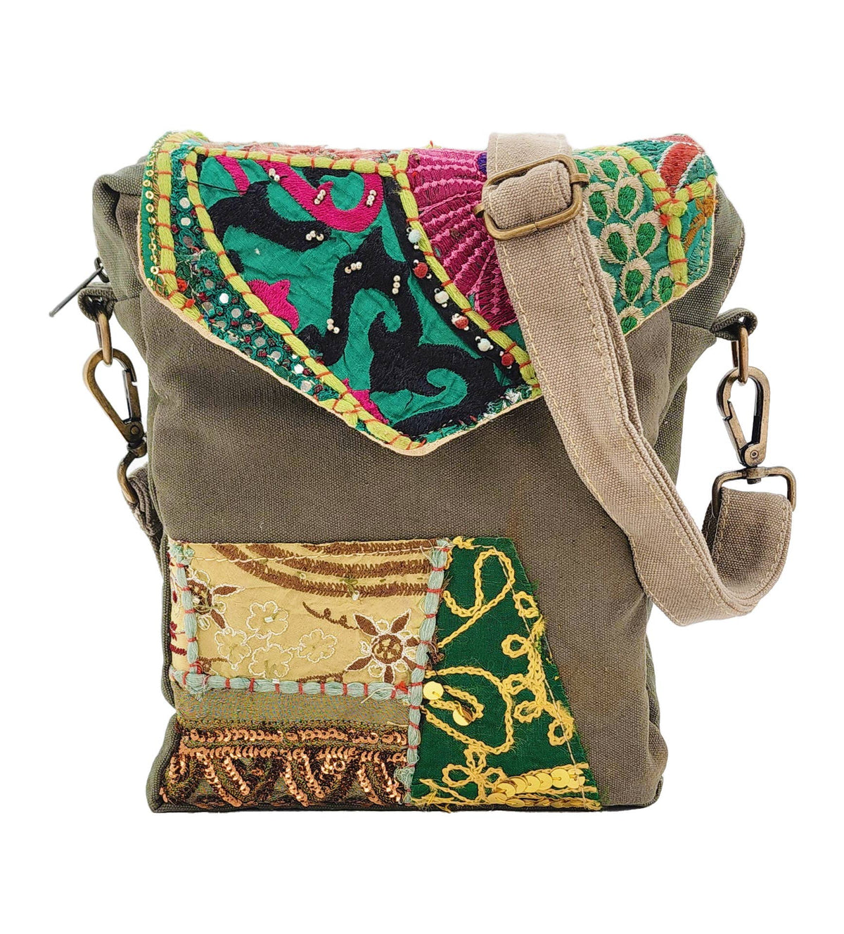 Recycled Military Tent Crossbody with Vintage Fabric