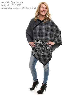 Recycled Cotton Sweater Knit Pullover Poncho - Plaid Birds