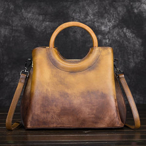 Gradient Leather Handbag with Wooden Handle and Strap