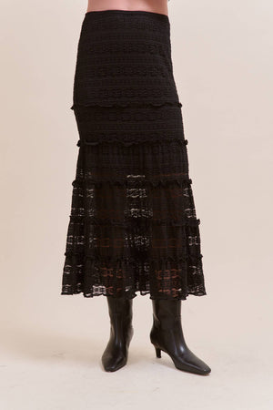 Lace Tiered Ruffle Trim Mermaid Midi Skirt - Black