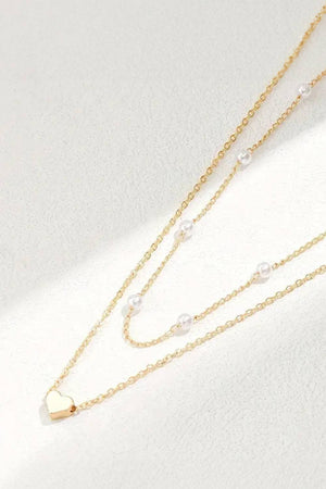 Heart & Pearl Gold Layered Necklace - 2 Piece Set
