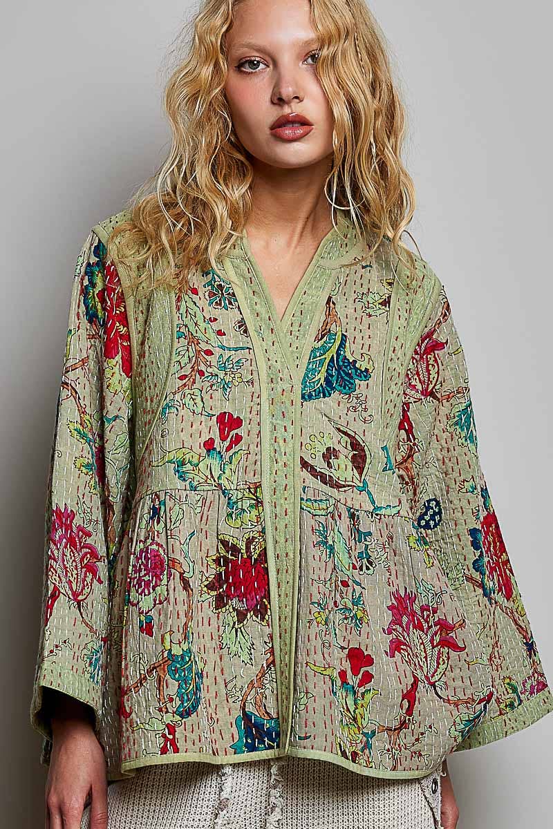 Quilted Floral Kimono-Style Top