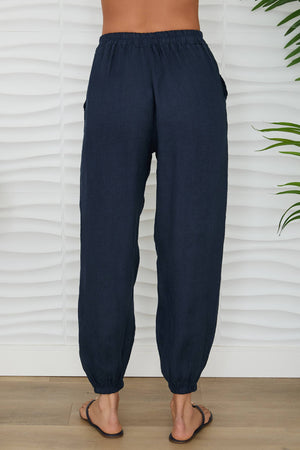 Elastic Waist Linen Pants with Cuffed Ankle