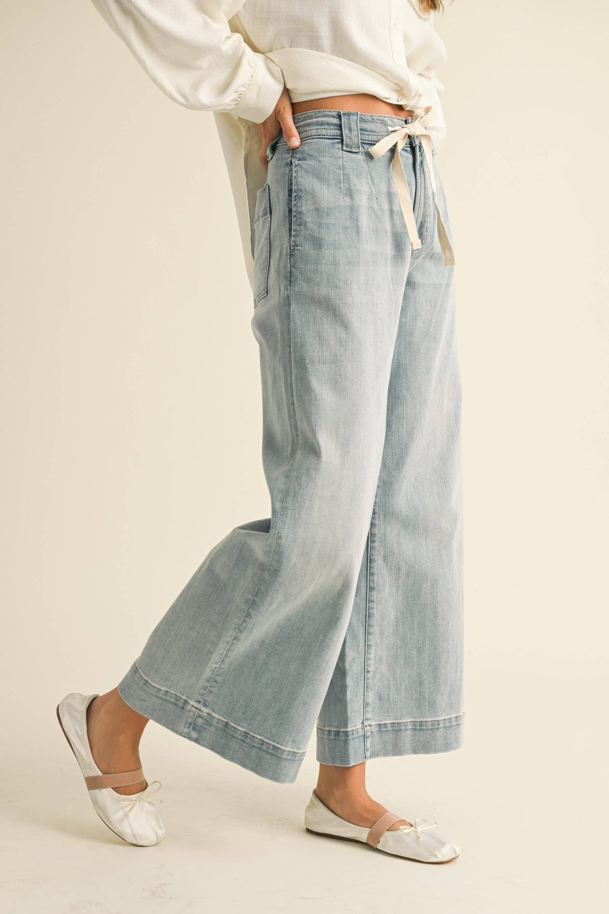 Washed Denim Tie-Front Pants
