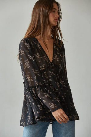 Chiffon Sheer Floral Blouse - Black
