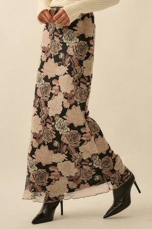 Floral-Print Mesh Fitted Maxi Skirt