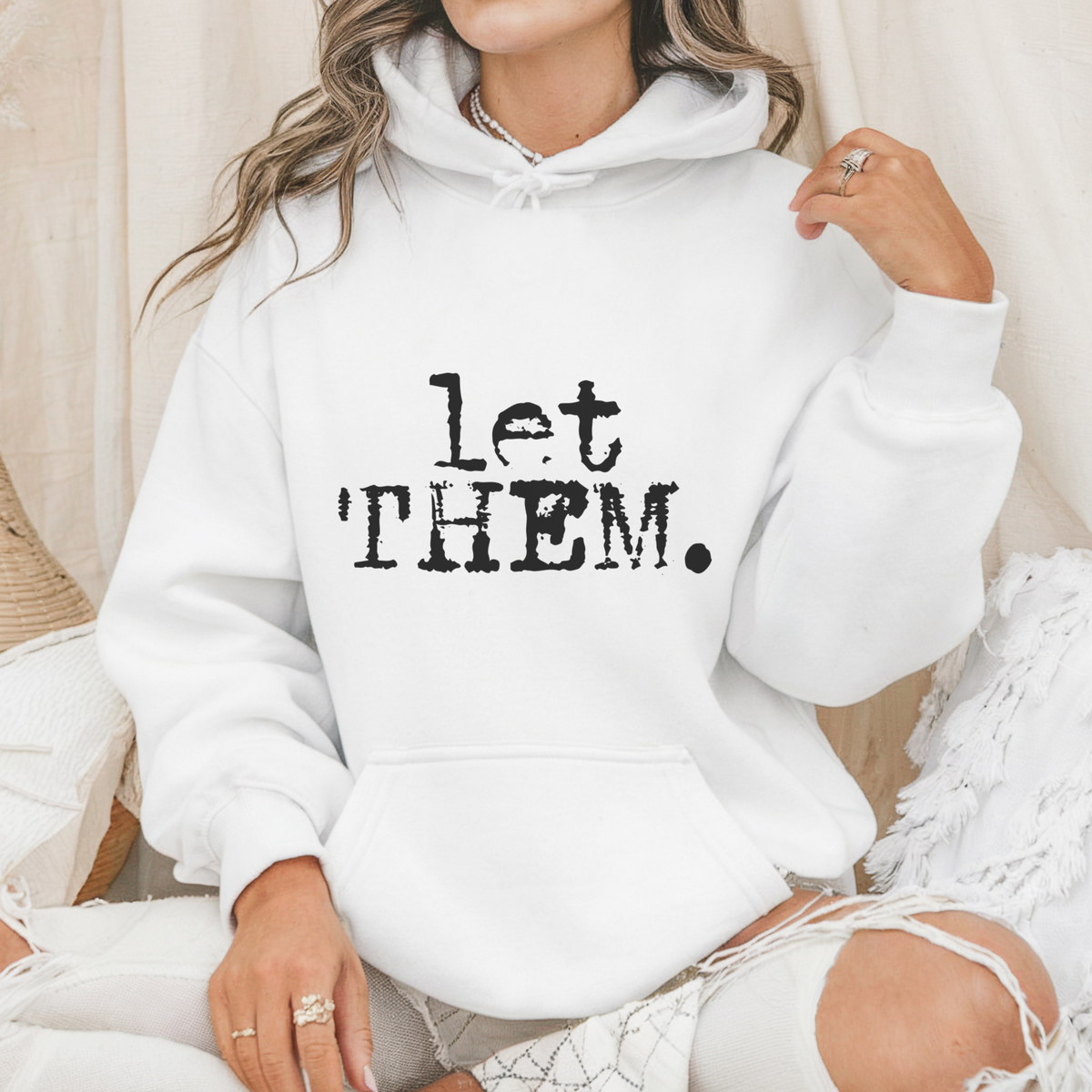 Let Them. Distressed Graphic Hoodie – Sand