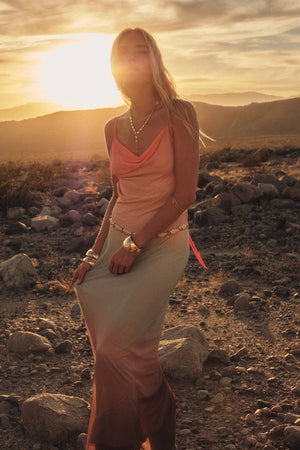 Ombre Mesh Draped Open-Back Maxi Dress