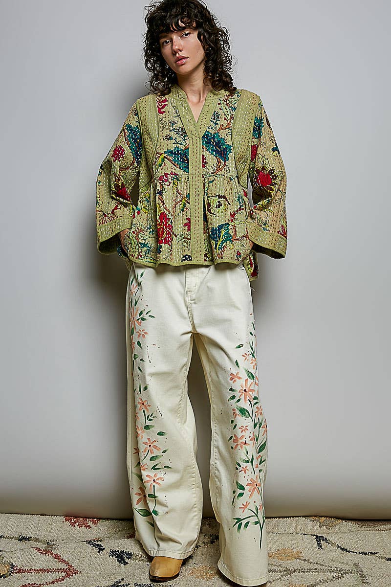 Quilted Floral Kimono-Style Top