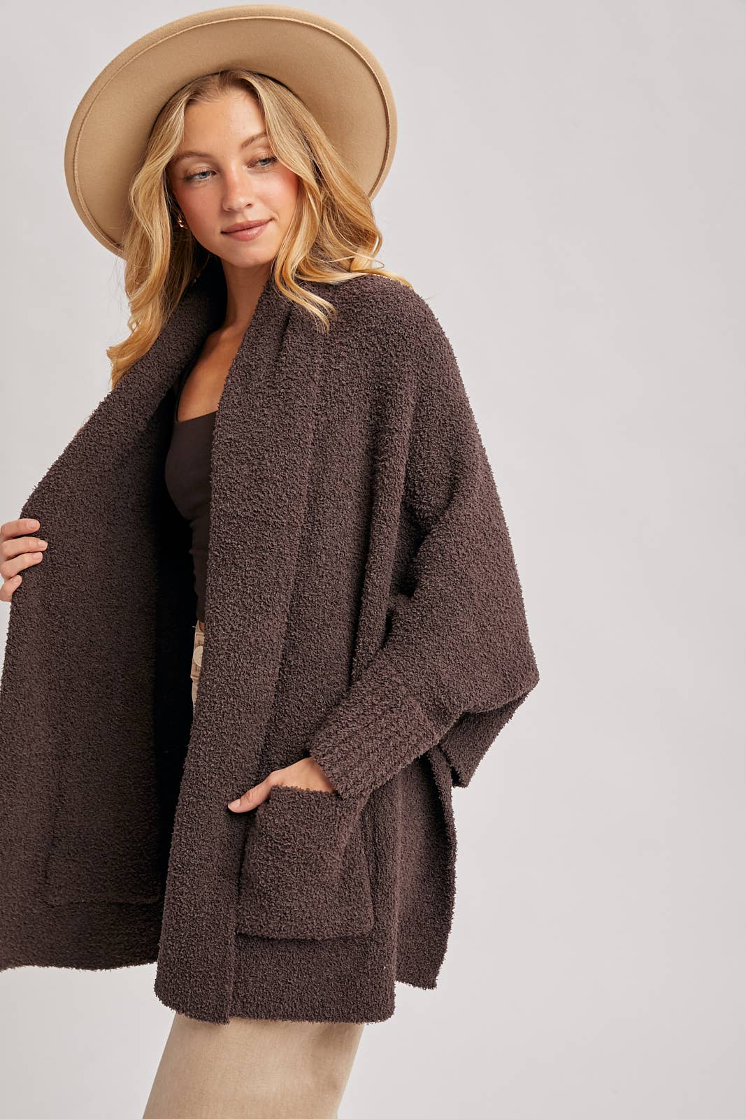 Open Front Blanket Wrap Boucle Knit Cardigan