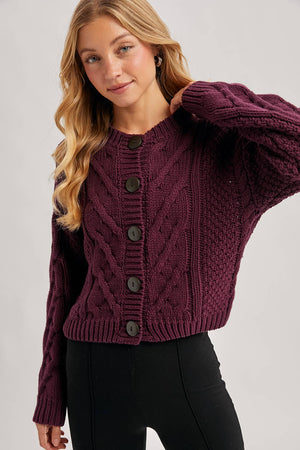 CROPPED BUTTON FRONT CABLE KNIT SWEATERCARDIGAN