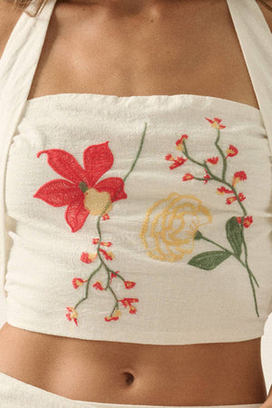 Floral-Embroidered Cropped Square-Neck Halter Top