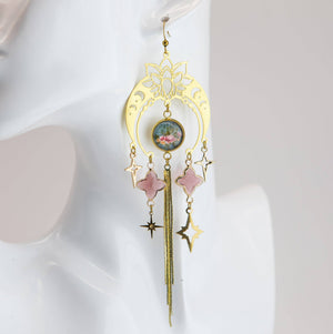 Decadent Floral Moon Art Nouveau Brass Earrings