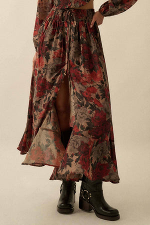 Floral-Print Drawstring Button-Front Maxi Skirt