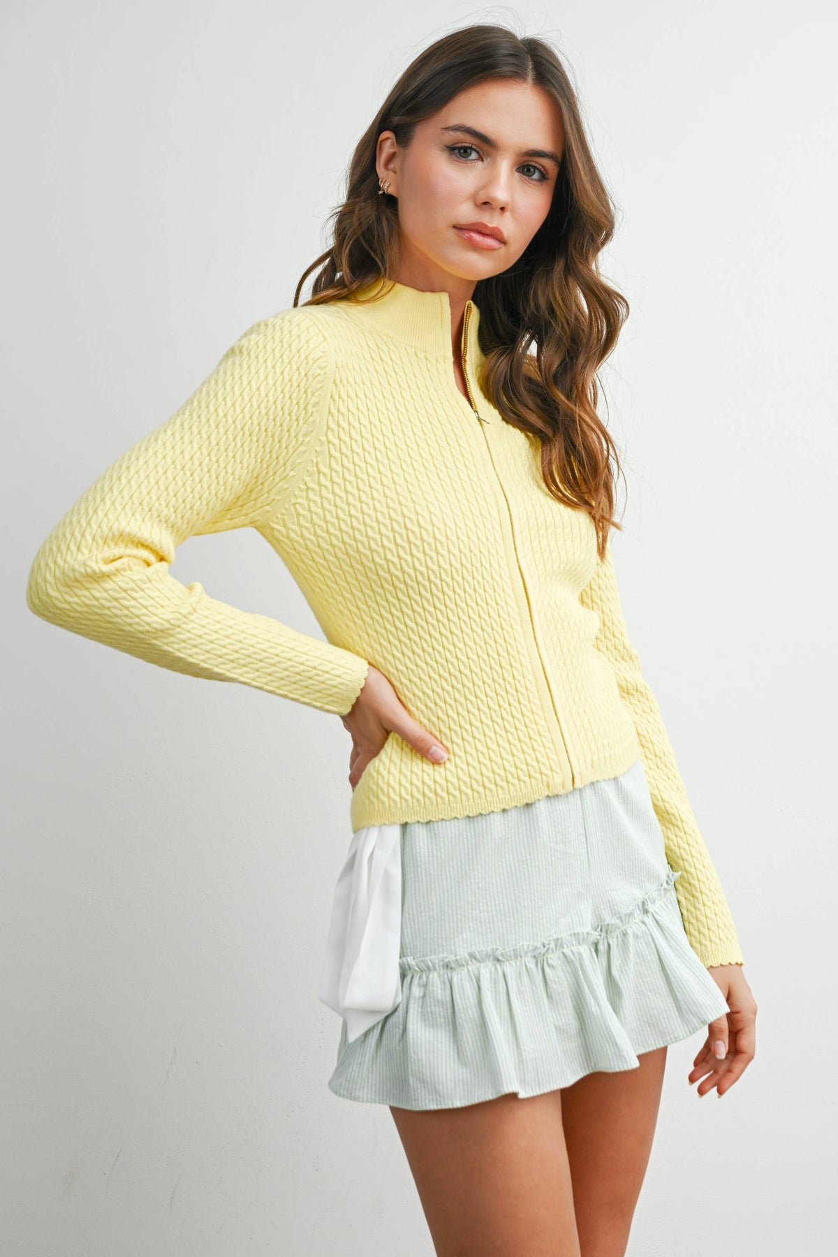 Zip Up Long Sleeve Mock Neck Cardigan