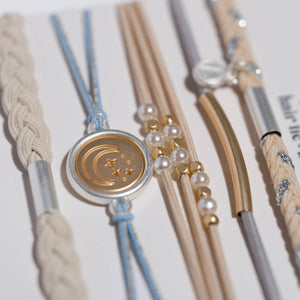 "Wonder" Soft Creams and Blues with Pearls and Gold Hair Tie Bracelets