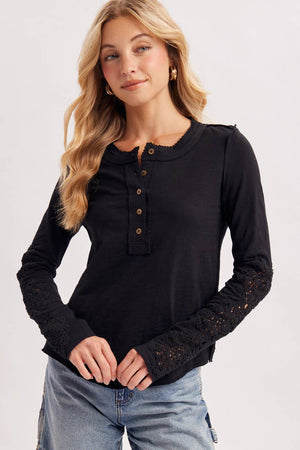 Crochet Patch Sleeve Half-Button Top