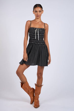 Black & White Polka Dot Tiered Lace-Trim Mini Dress