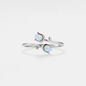 Dainty Opal Tulip Flower Bypass Ring in 925 Sterling Silver