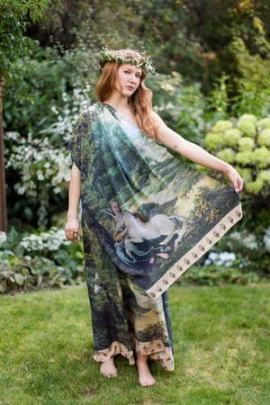 The Mythmaker Bohemian Scarf w/ pastoral landscape & unicorn