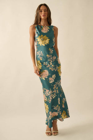 Teal Floral-Print Satin Bias-Cut Cowl-Back Maxi Dress