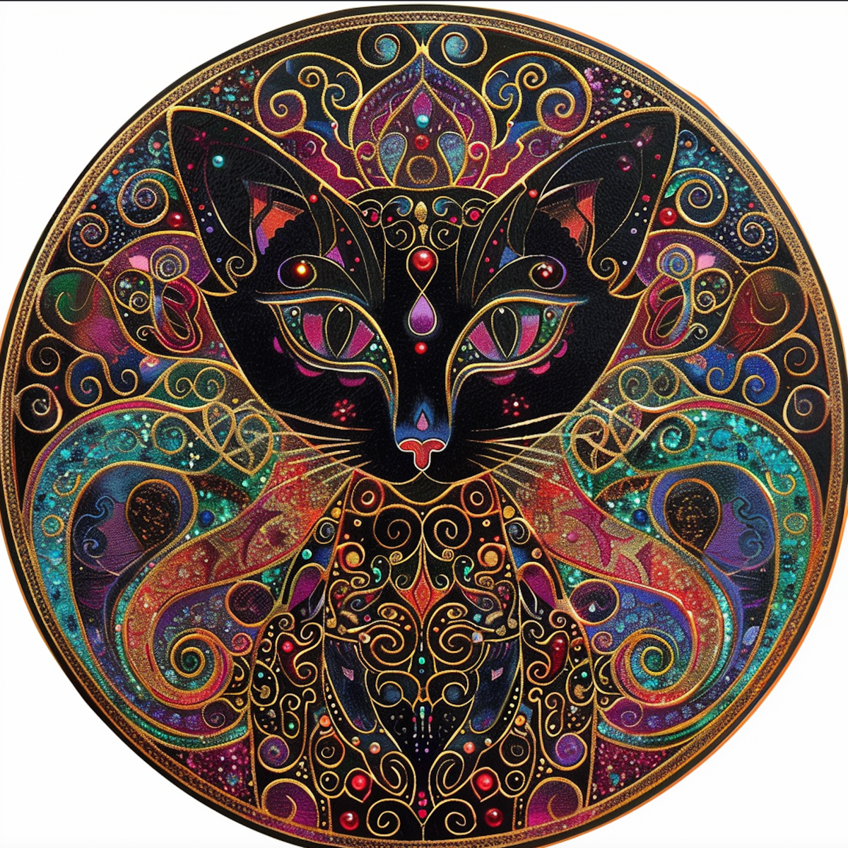 Mystical Cat Art Tambourine and Ribbon Wall Hanging