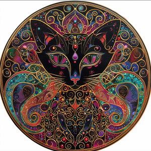 Mystical Cat Art Tambourine and Ribbon Wall Hanging