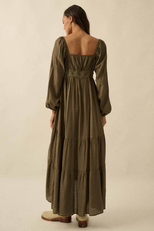 Button-Front Tiered Ruffle Maxi Dress