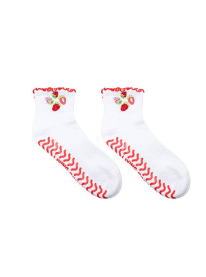Strawberry Ruffle Grip Ankle Socks – White