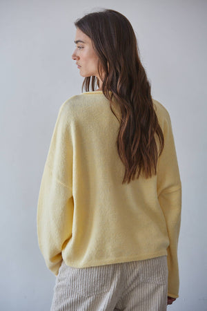 Bird Print Knit Pullover Sweater – Creamy Yellow