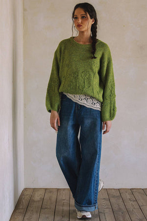 Olive Embroidered Floral Sweater