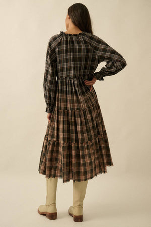Ombre Plaid Flannel Tiered Ruffle Midi Dress