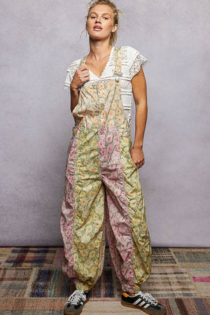 Boho Floral Lace-Trim Front-Zip Overalls