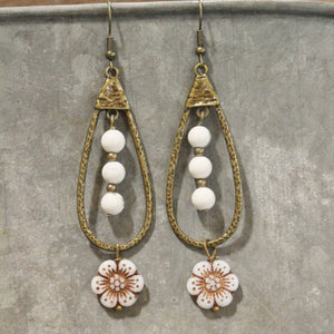 Teardrop Czech Flower & White Bead Dangle Earrings