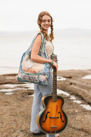 Peace Out Turquoise Linen Tote Bag with Doves and Sunrise