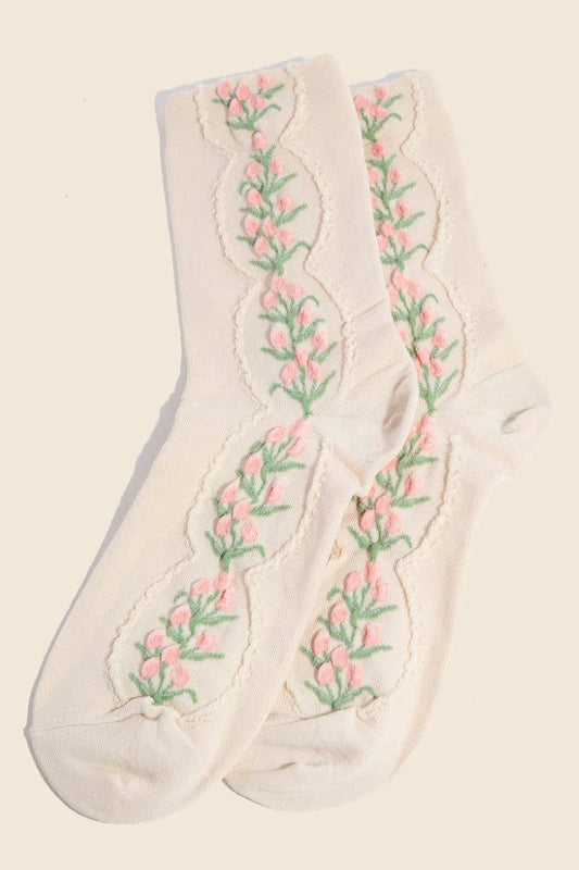 Beige Floral Tulip Vine Embroidered Socks