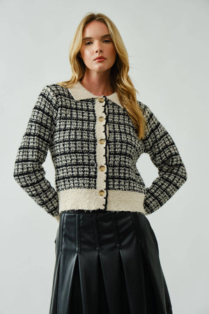 Tweed Style Button Down Cardigan With Scallop Detail