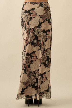 Floral-Print Mesh Fitted Maxi Skirt