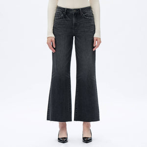 Dark Grey Washed Denim Mid Rise Wide Leg Jeans with Raw Hem