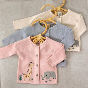 Animal Safari Embroidered Organic Baby Cardigan