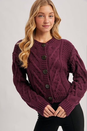 CROPPED BUTTON FRONT CABLE KNIT SWEATERCARDIGAN