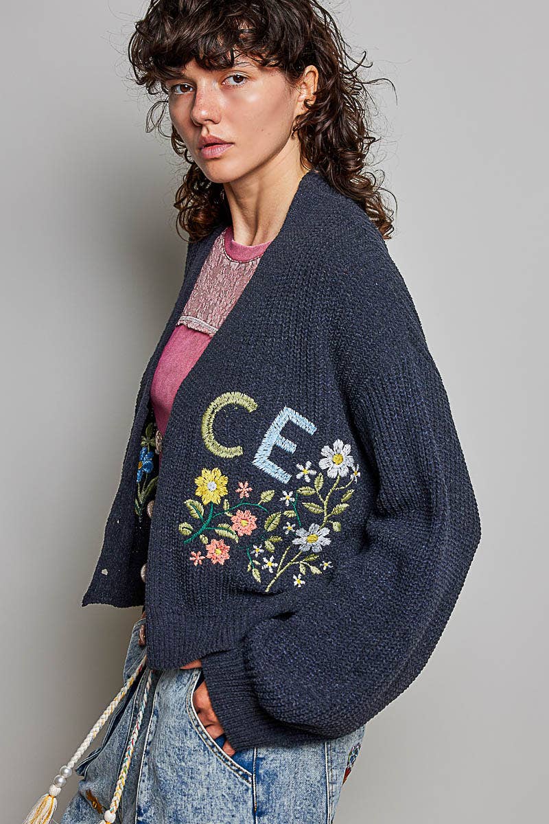 Embroidered Peace Knit Cardigan – Charcoal