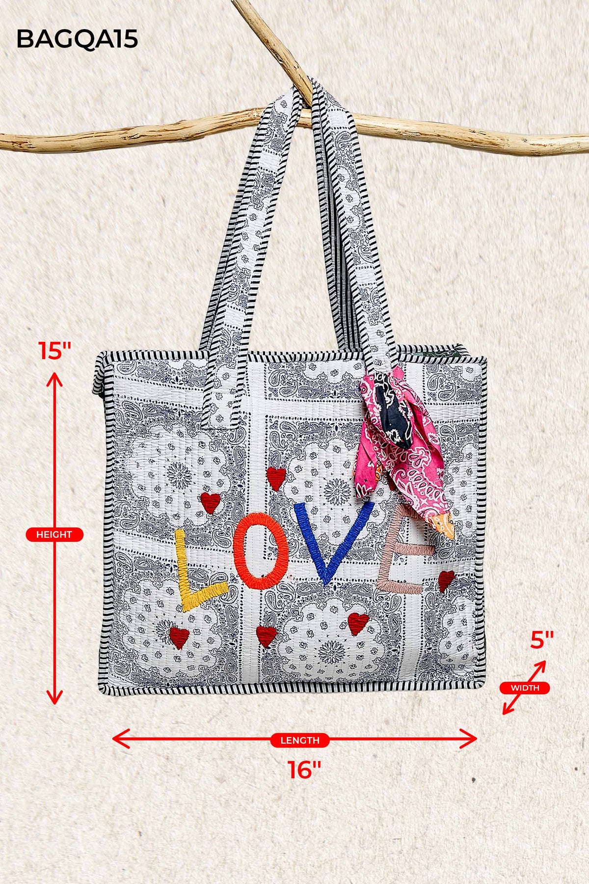Quilted Natural Paisley LOVE Tote Bag
