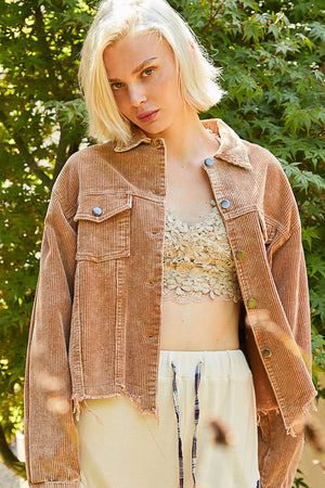 Pocket front button down distressed hem corduroy jacket