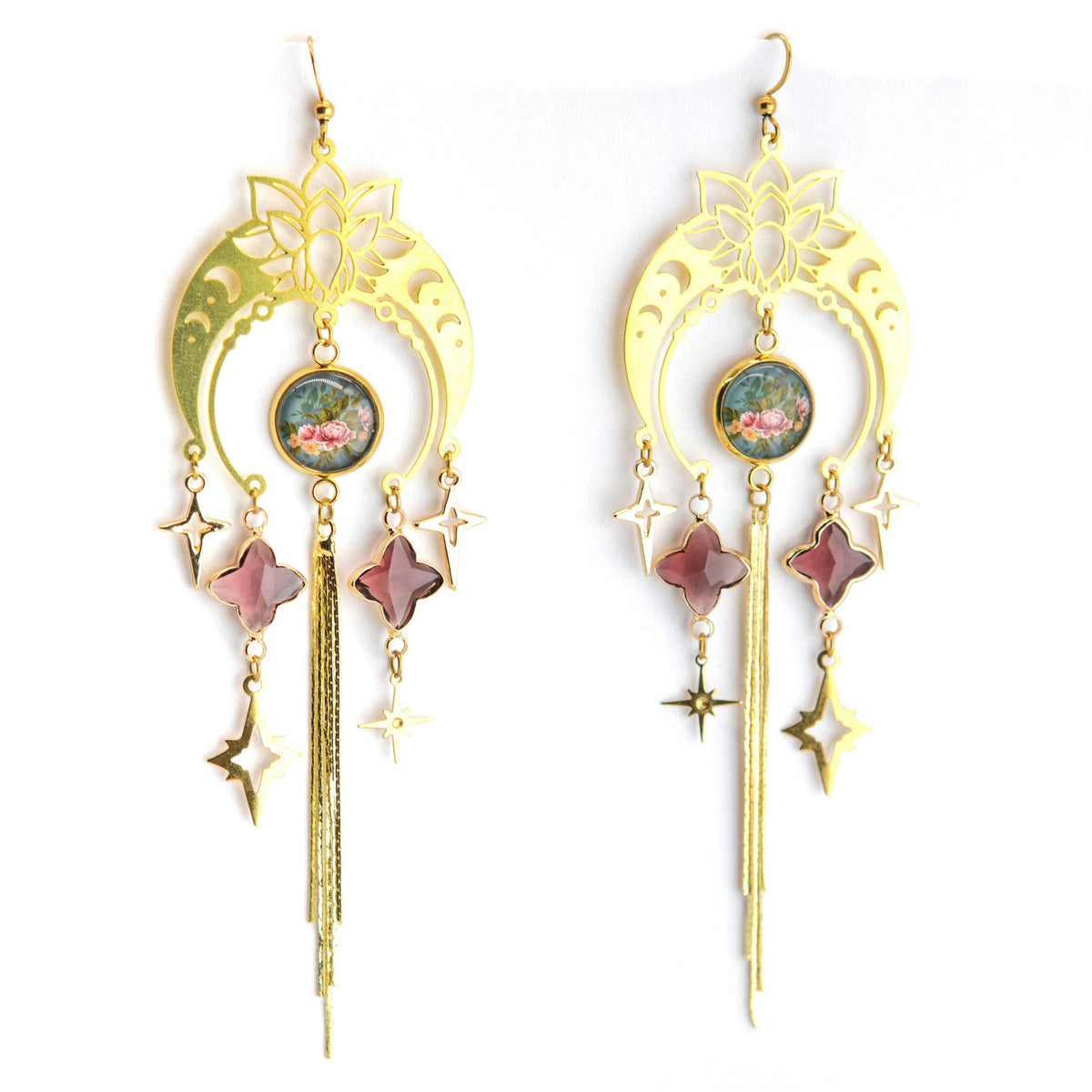 Decadent Floral Moon Art Nouveau Brass Earrings